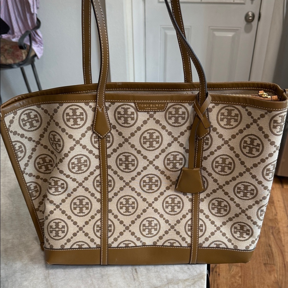 Tory Burch Brown and Cream Geometric Tote